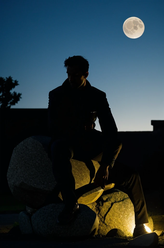 A silhouette of a man sitting on a stone injured in the dark with a bright moon