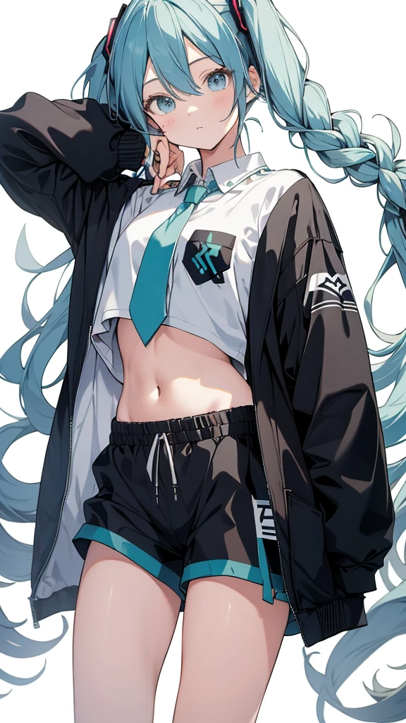 Hatsune miku add_detail:1, belly button, looking at the viewer, hand on hip, black jacket, dolphin shorts, ingle, (white shirt:1.2), braid, very long hair, Wide hips,
under the chest, shirt,
Big\(Body proportions\),