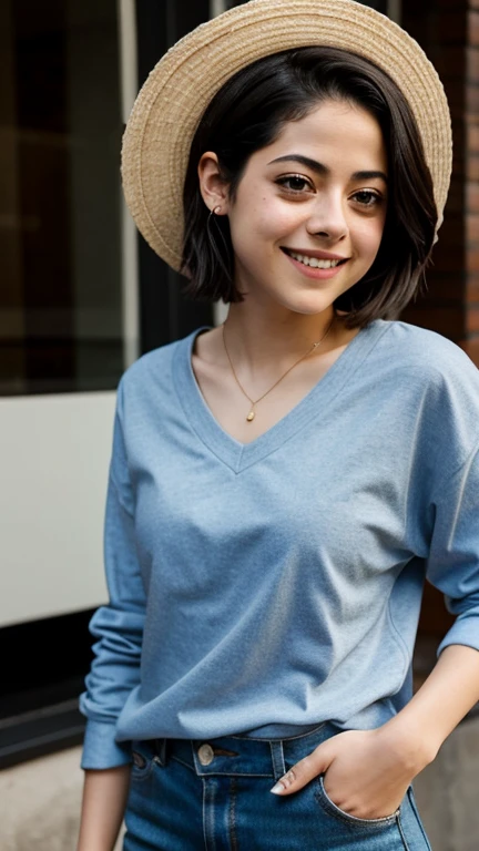 Rosa Salazar dressed in sexy casual clothes and smiling