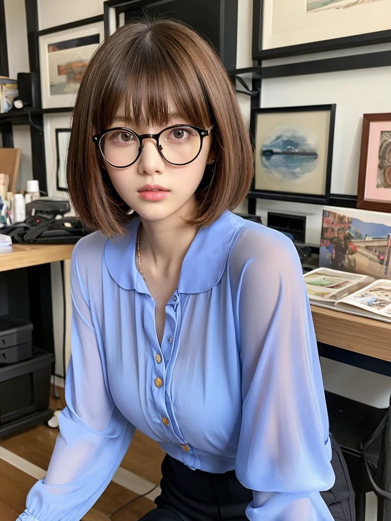 In manhwa art style young adult Korean woman 24s. Her haircut is hime cut with bangs and ginger color. Her face is oval , which carry a hopefully and cool face. Her skin is radiant and clear, and her lips is red pink. Brown color eyes are captivating and beautiful. She is wearing a black pants and blue long-sleeved and glasses blouse while inside his photographic studio 