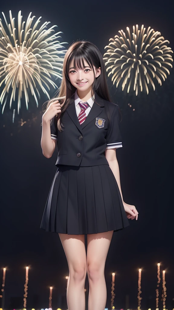 smile、high school girl、uniform、With fireworks in the background、Tokyo Sky Tree