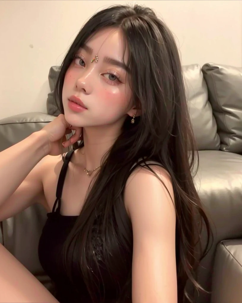 A closeup of a woman sitting on a sofa in a black dress, linda mulher coreana jovem, menina coreana, Mulher sul-coreana bonita, mulher coreana jovem bonita, Ulzzang, good young girl, young adorable korean face, Beautiful Asian girl, tzuyu de duas vezes, young cute wan asian face, gorgeous chinese model, wan adorable korean face, Sakimichan
