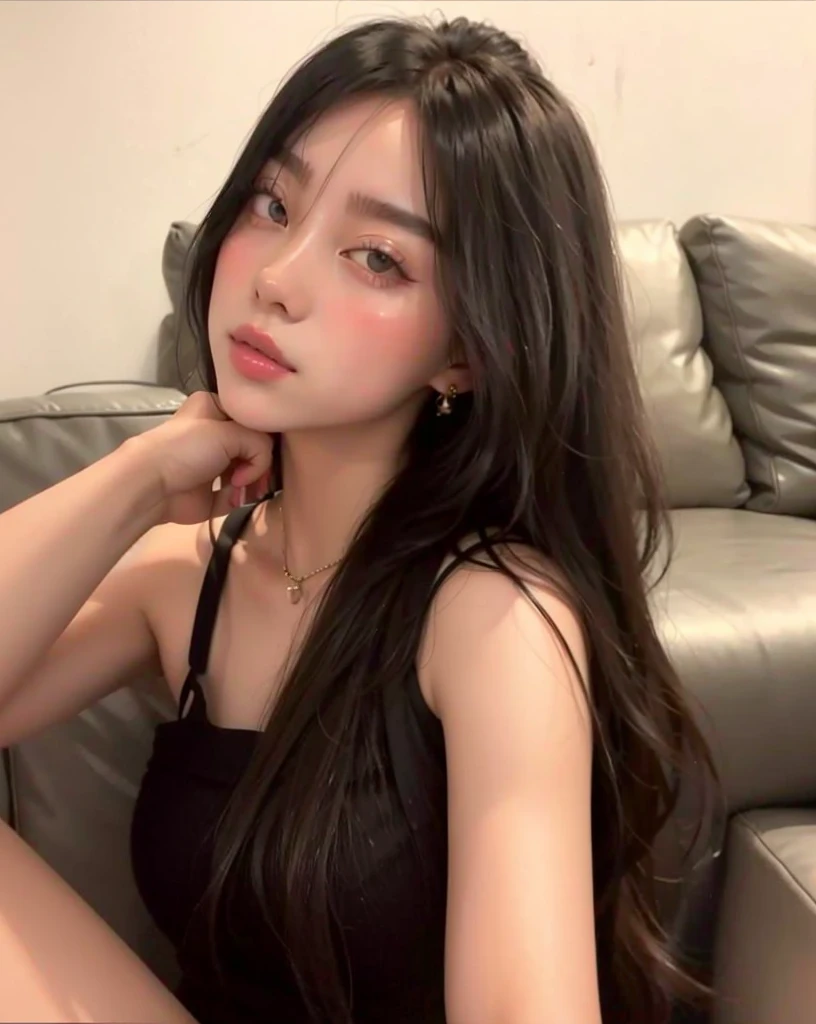 A closeup of a woman sitting on a sofa in a black dress, linda mulher coreana jovem, coreana, Mulher sul-coreana bonita, mulher coreana jovem bonita, Ulzzang, good young girl, young adorable korean face, Beautiful Asian girl, tzuyu de duas vezes, young cute wan asian face, gorgeous chinese model, wan adorable korean face, Sakimichan
