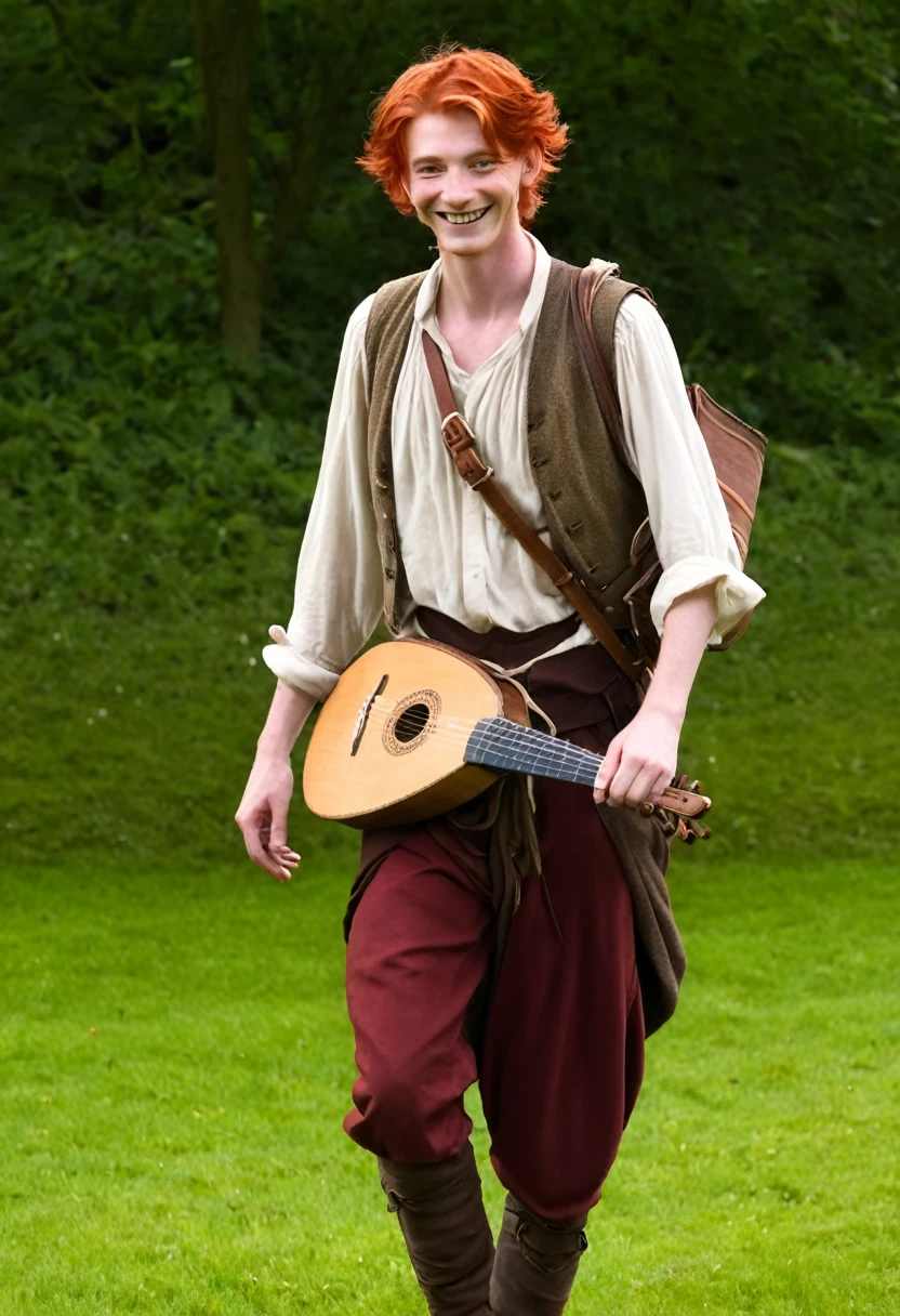 young boy, naughty man, tall and kinda thin, red hair, eyes browns, bard clothes, carries a lute on his back, Grinning, is he happy, him'is sitting on top of a worn out roof, in the background a small village with a bell in the middle, 2d art, anime styling, inspired by kvothe from the name of the wind