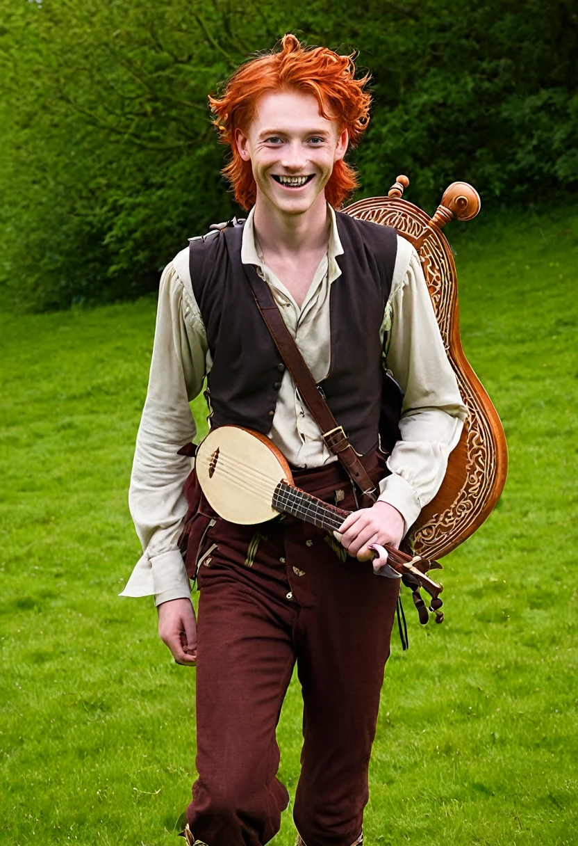 young boy, naughty man, tall and kinda thin, red hair, eyes browns, bard clothes, carries a lute on his back, Grinning, is he happy, him&#39;is sitting on top of a worn out roof, in the background a small village with a bell in the middle, 2d art, anime styling, inspired by kvothe from the name of the wind