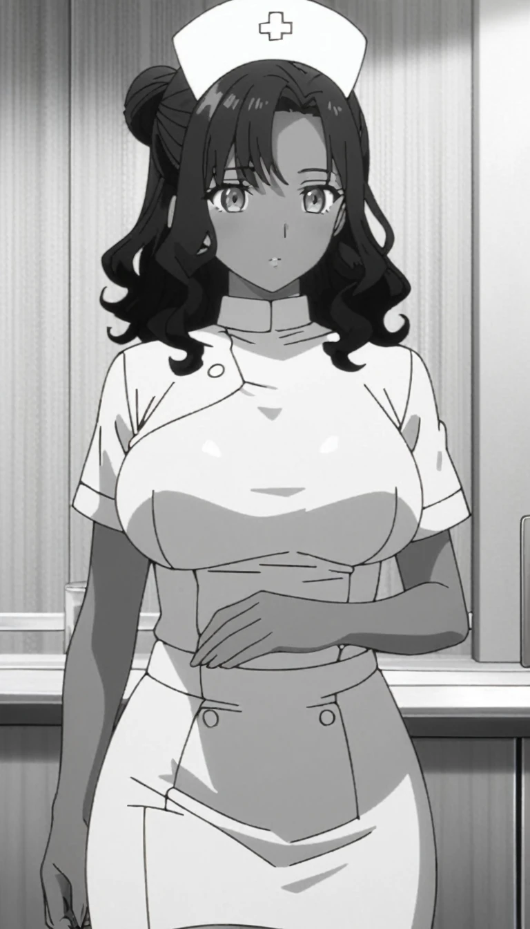 (masterpiece, best quality, perfect hourglass figure, wide waist, blush), busty, portrait, perfect face, flawless eyes, empty gradient background, beautiful lips, full lips, (arms behind back), perfect waist, cowboy shot, perfect hips, wide smile, sanpaku, round pupils, orange eyes, dark skin, brown skin, long flowing hair, black hair, concave bangs, bimbo, nurse, groin, hip vents, nurse cap, nurse tight skirt

