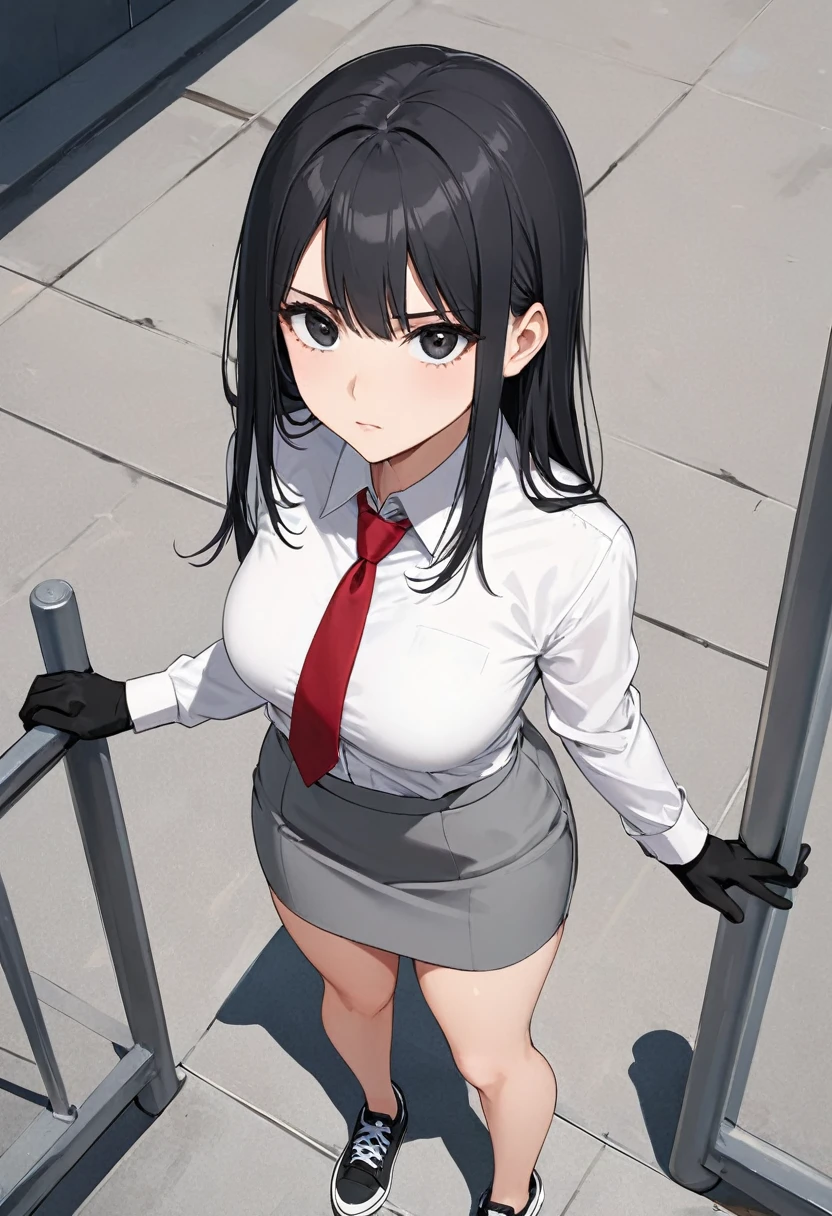 gray miniskirt , Black sneakers , white dress shirt , Gray pencil skirt , whole body , thighs , black hair , black eyes , straight hair , long sleeves , bare legs , View from above , Black gloves , , red tie , standing posture