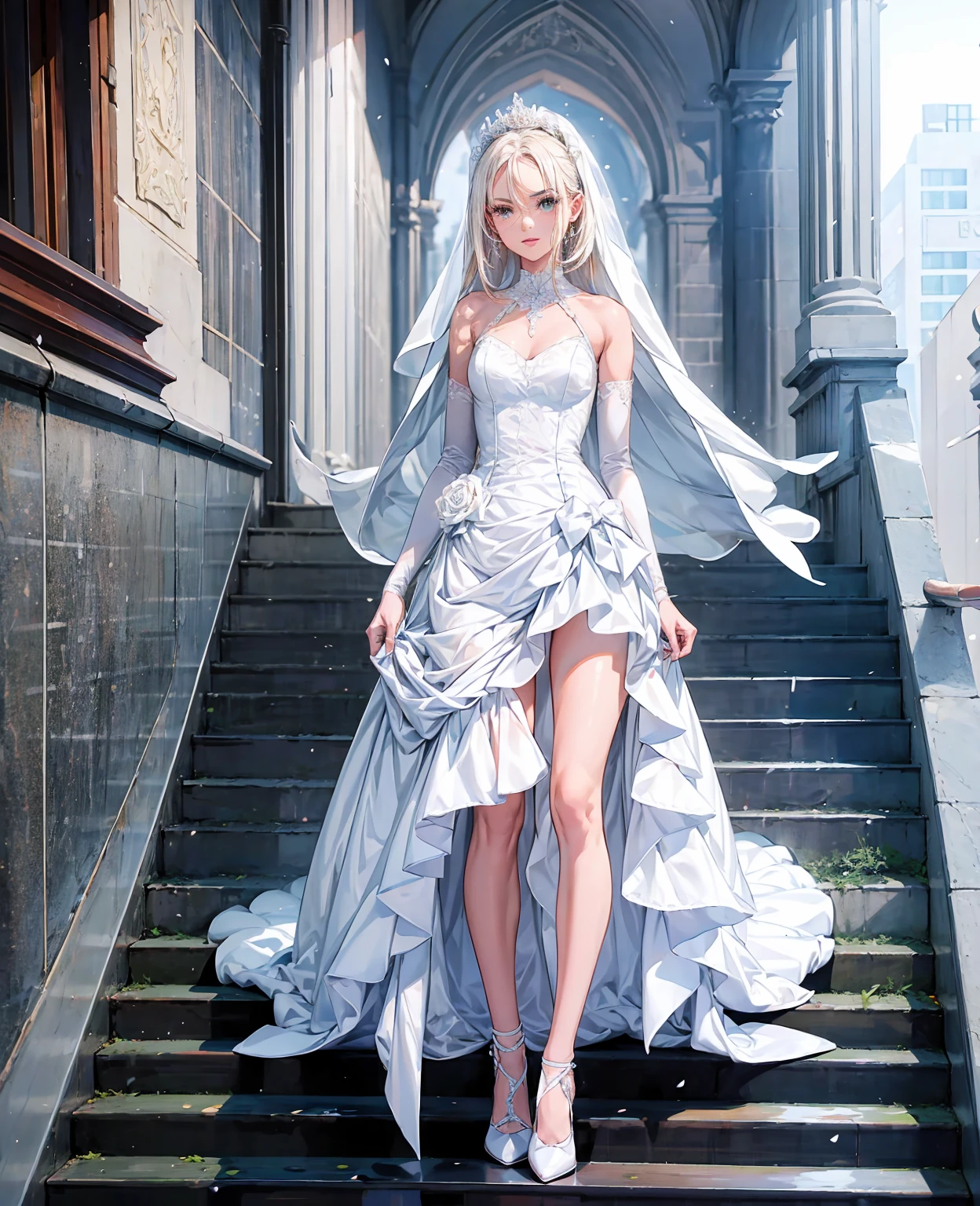 A girl, dressed in a wedding dress, white wedding dress, full body drawing, slim, long legs