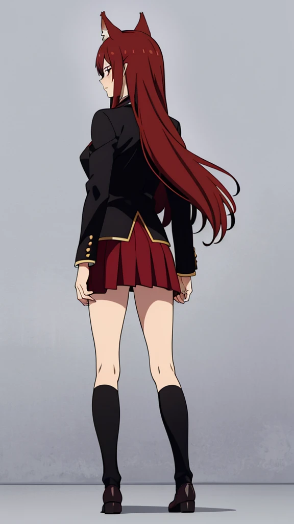 1girl ,20s,mature female,serious face,solo,red hair,red eyes,long hair,fox ears,hair between eyes,(simple background),necktie,black jacket, blazer,long sleeves,pleated skirt,full body,from back,looking ay view,walking