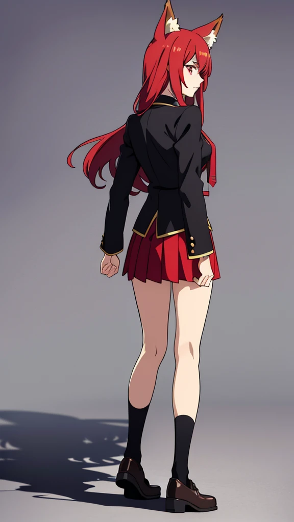 1girl ,20s,mature female,serious face,solo,red hair,red eyes,long hair,fox ears,hair between eyes,(simple background),necktie,black jacket, blazer,long sleeves,pleated skirt,full body,from back,looking ay view,walking