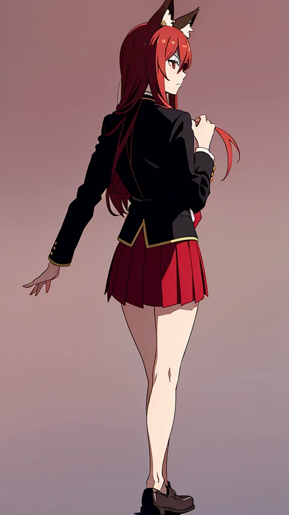 1girl ,20s,mature female,serious face,solo,red hair,red eyes,long hair,fox ears,hair between eyes,(simple background),necktie,black jacket, blazer,long sleeves,pleated skirt,full body,from back,looking ay view,walking