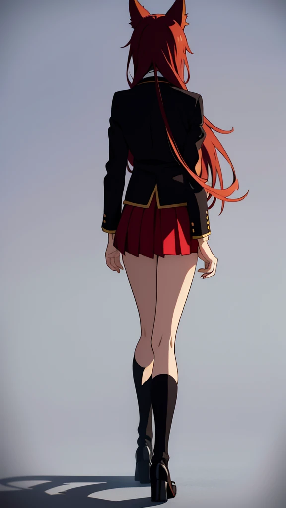 1girl ,20s,mature female,serious face,solo,red hair,red eyes,long hair,fox ears,hair between eyes,(simple background),necktie,black jacket, blazer,long sleeves,pleated skirt,full body,from back,looking ay view,walking