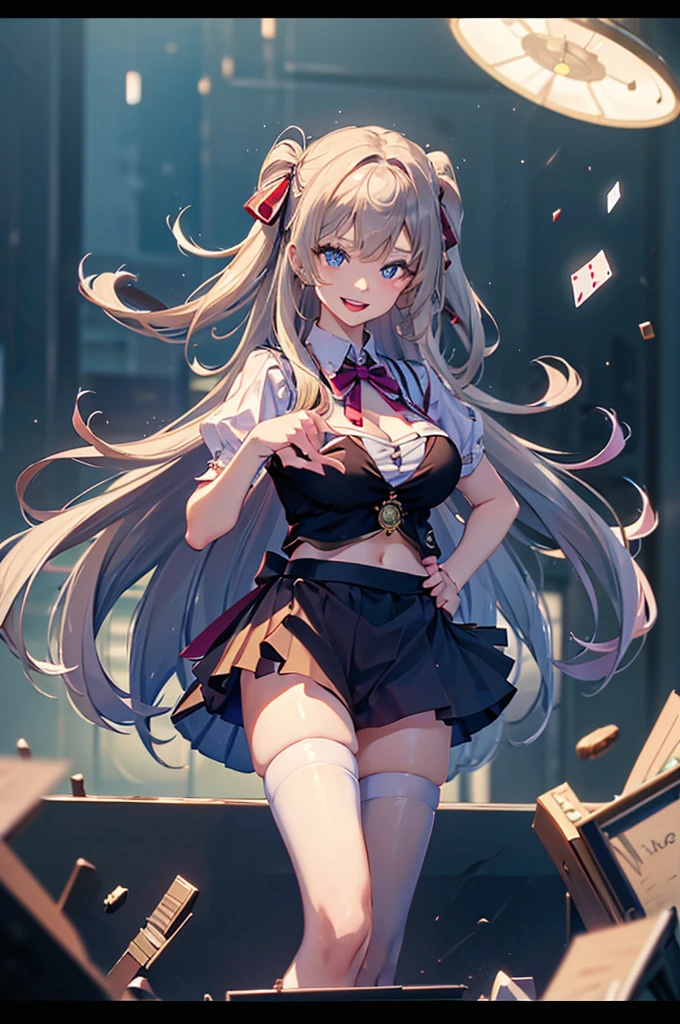 shinny skin, BREAK, ((alice in the wonderland:1.3, cute, kawaii, lovely, funny, a girl falling down from sky:1.3, girl flying in sky:1.4, girl floating in air:1.5, rolling upskirt by wind:1.6, (with sparkling eyes and a contagious smile),open mouth, Looking at Viewer, surprised, putting hands on crotch over the skirts:1.6)), BREAK, ((floating things as follows:1.3, PlayingCards, Trump, tea cup, tea pot, tea spoons, pocket watch:1.3, lip sticks, candies:1.2, cookies, jam bottles, classical door_keys)), ((long purply_Blue dress :1.5, wearing long flaired skirt:1.3, the skirt is blowing:1.3, cute pink Apron, black stocking:1.2,garter stocking, cleavage:1.2, midriff, black shorts, black thighhighs, thigh strap, medium long platinum-blonde hair:1.2, twin tail hair:1.6, tied hair with a large ribbon), (Blue eyes, bright pupils with highlights, detailed eyes),