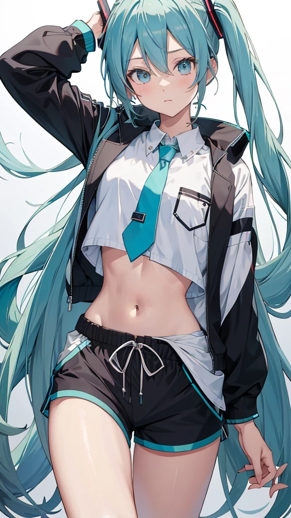 Hatsune miku add_detail:1, belly button, looking at the viewer, hand on hip, black jacket, dolphin shorts, ingle, (white shirt:1.2), braid, very long hair, Wide hips,
under the chest, shirt,
Big\(Body proportions\), sensual pose