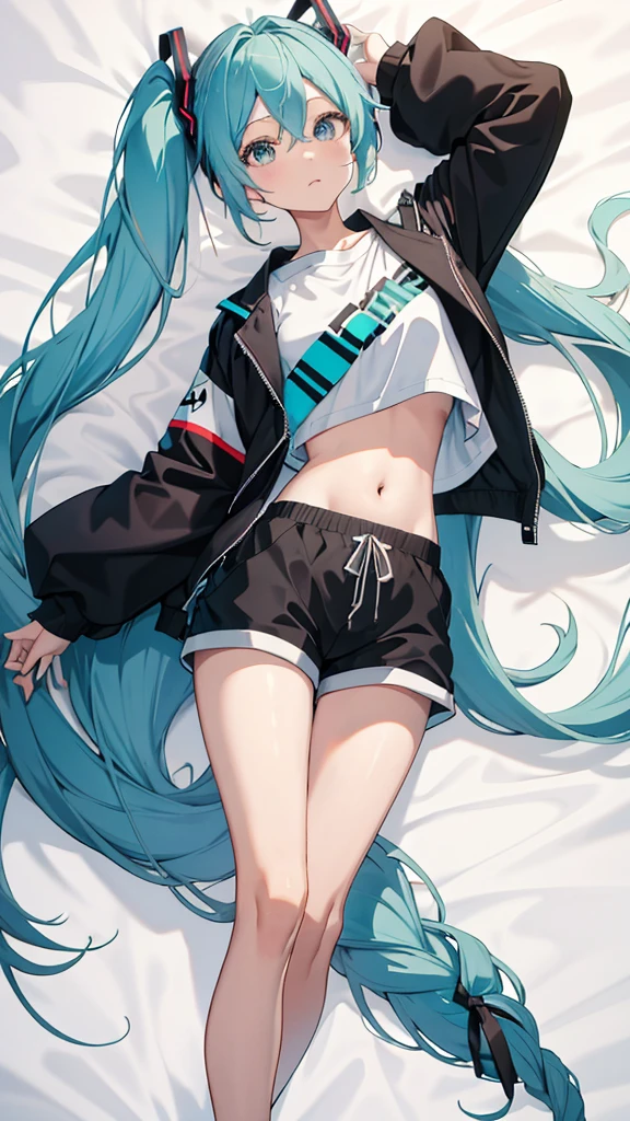 Hatsune miku add_detail:1, belly button, looking at the viewer, hand on hip, black jacket, dolphin shorts, ingle, (white shirt:1.2), braid, very long hair, Wide hips, 
under the chest, shirt, 
Big\(Body proportions\), sensual pose