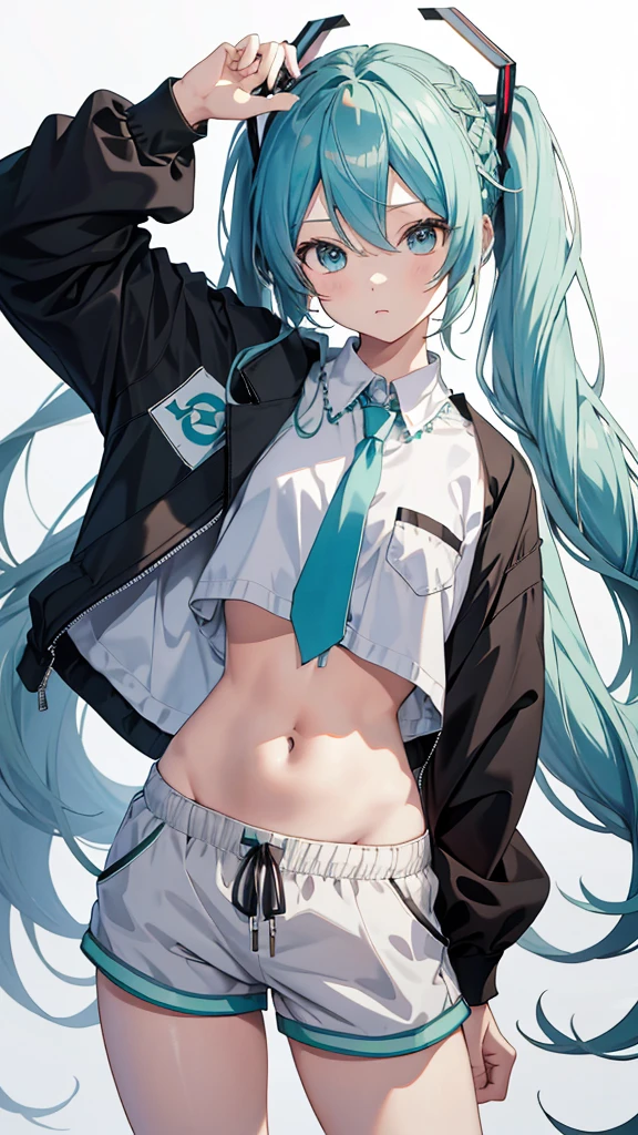 Hatsune miku add_detail:1, belly button, looking at the viewer, hand on hip, black jacket, dolphin shorts, ingle, (white shirt:1.2), braid, very long hair, Wide hips, 
under the chest, shirt, 
Big\(Body proportions\), sensual pose