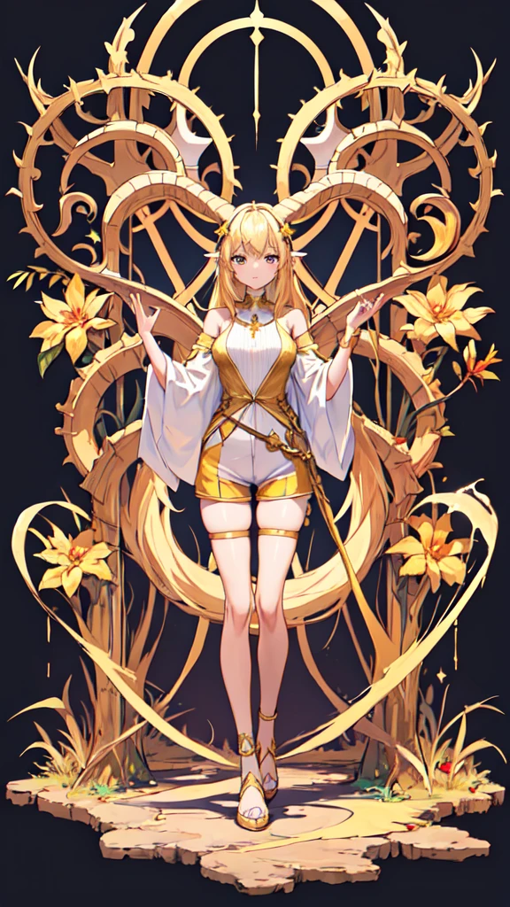 ((masterpiece,Best quality,8 k,A high resolution)),((character concept art)), 1 woman, young adult woman, Yellow medieval summer girl, concept, vines on the hand and horns from the vines, full length, whole body, magic hunter, White shorts, (standing still), (full body showcase), (показать whole body), (no logos on background), (no logo), ((simple background)), ((simple background)), (((empty background)))