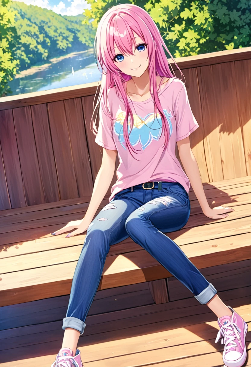 Megurine Luka smile casual clothes jeans colorful morning peace