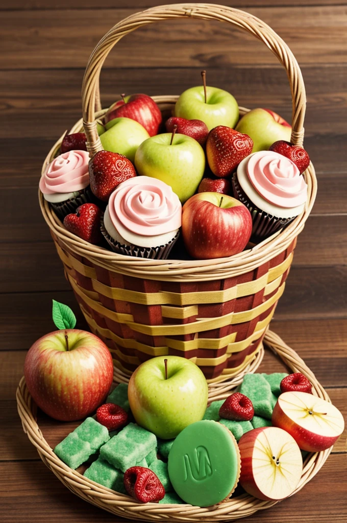 Create an advertising image of a basket arrangement that has 1 cupcake, Sweet gummies, 1 snack , 1 small juice, 1 apple, everything in the basket for girls and boys 