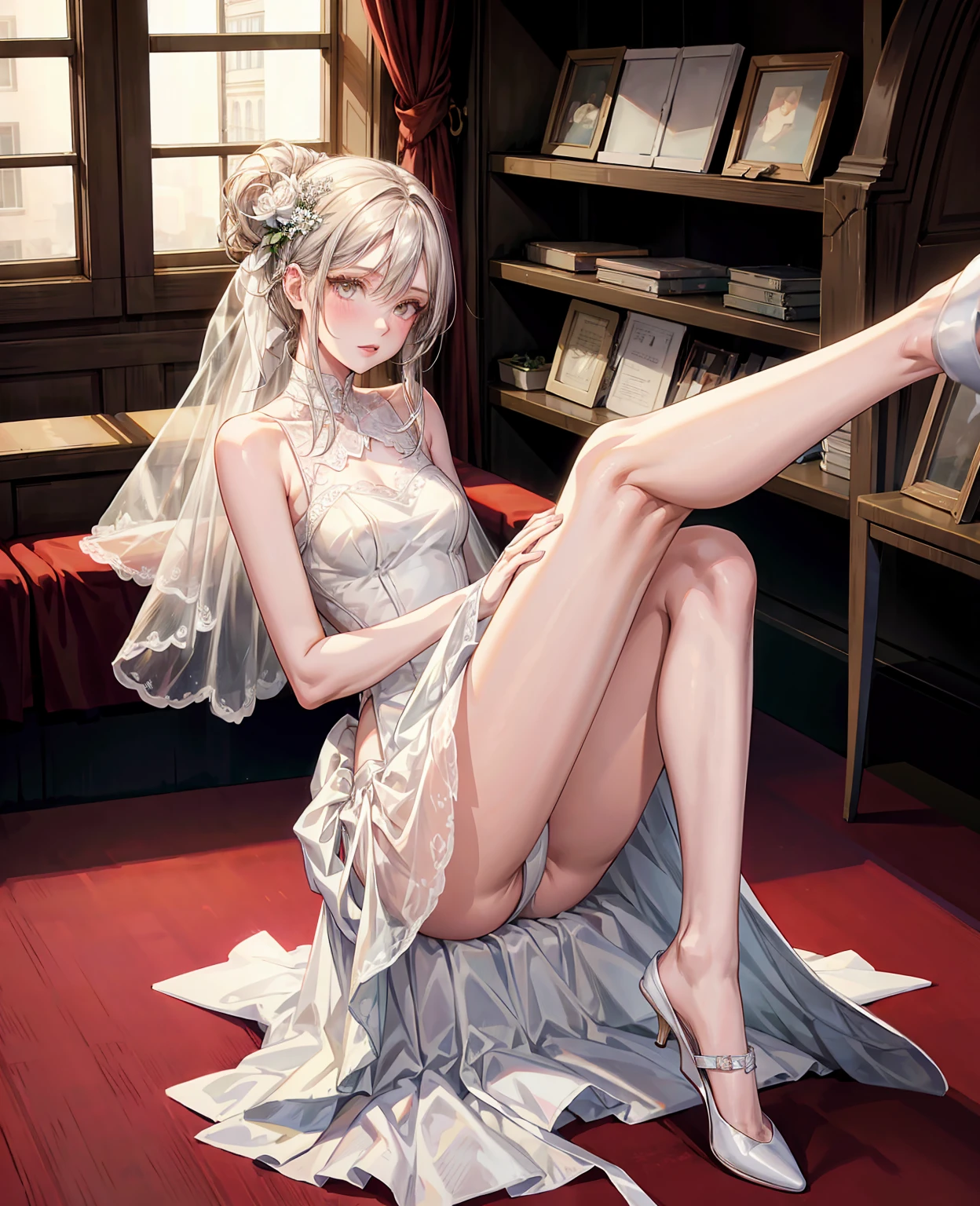 A girl, dressed in a wedding dress, white wedding dress, full body drawing, slim, long legs