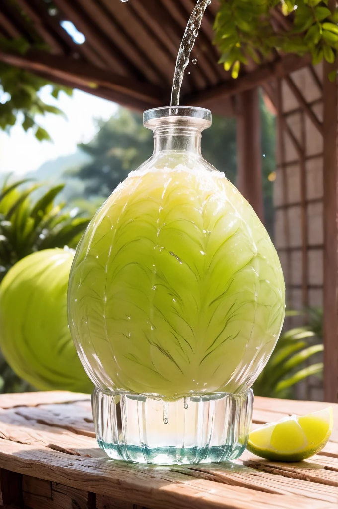 An image of a fresh, juicy fruit, from which a refreshing drop of juice flows. Bright colors are associated with nature and freshness.