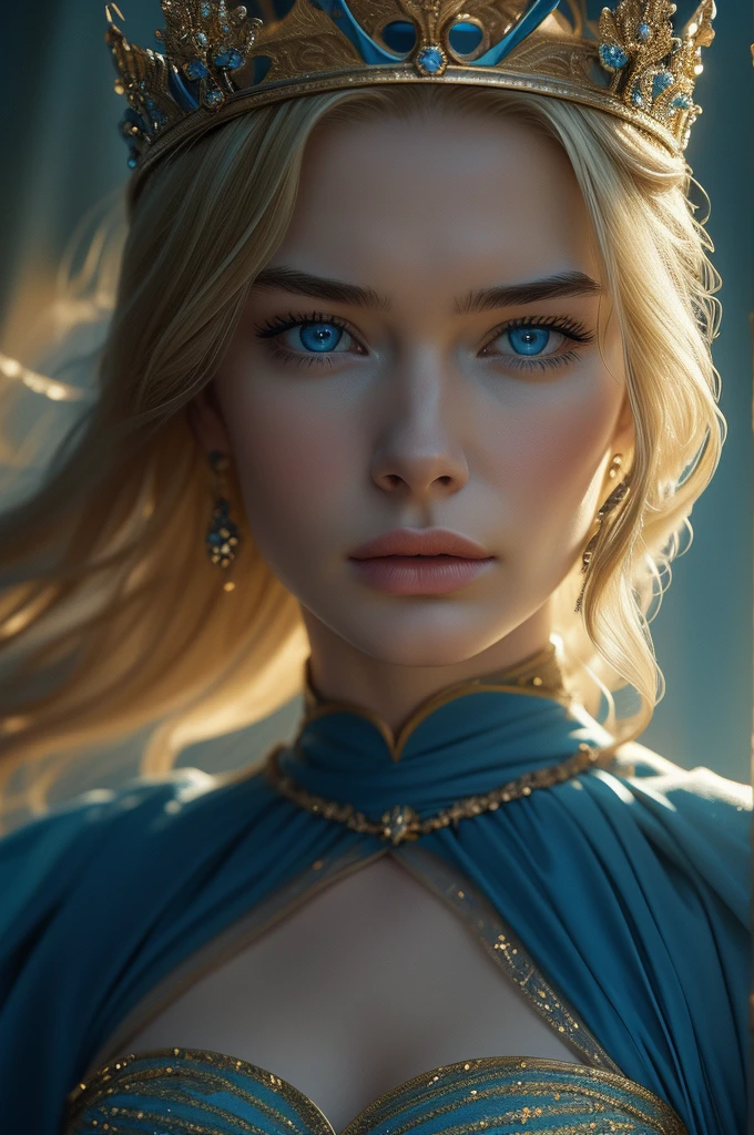 16 year old Lena Headey, ultra detailed face, ultra detailed blue eyes, long blonde hair, (queen dress), queen crown, (((masterpiece)))