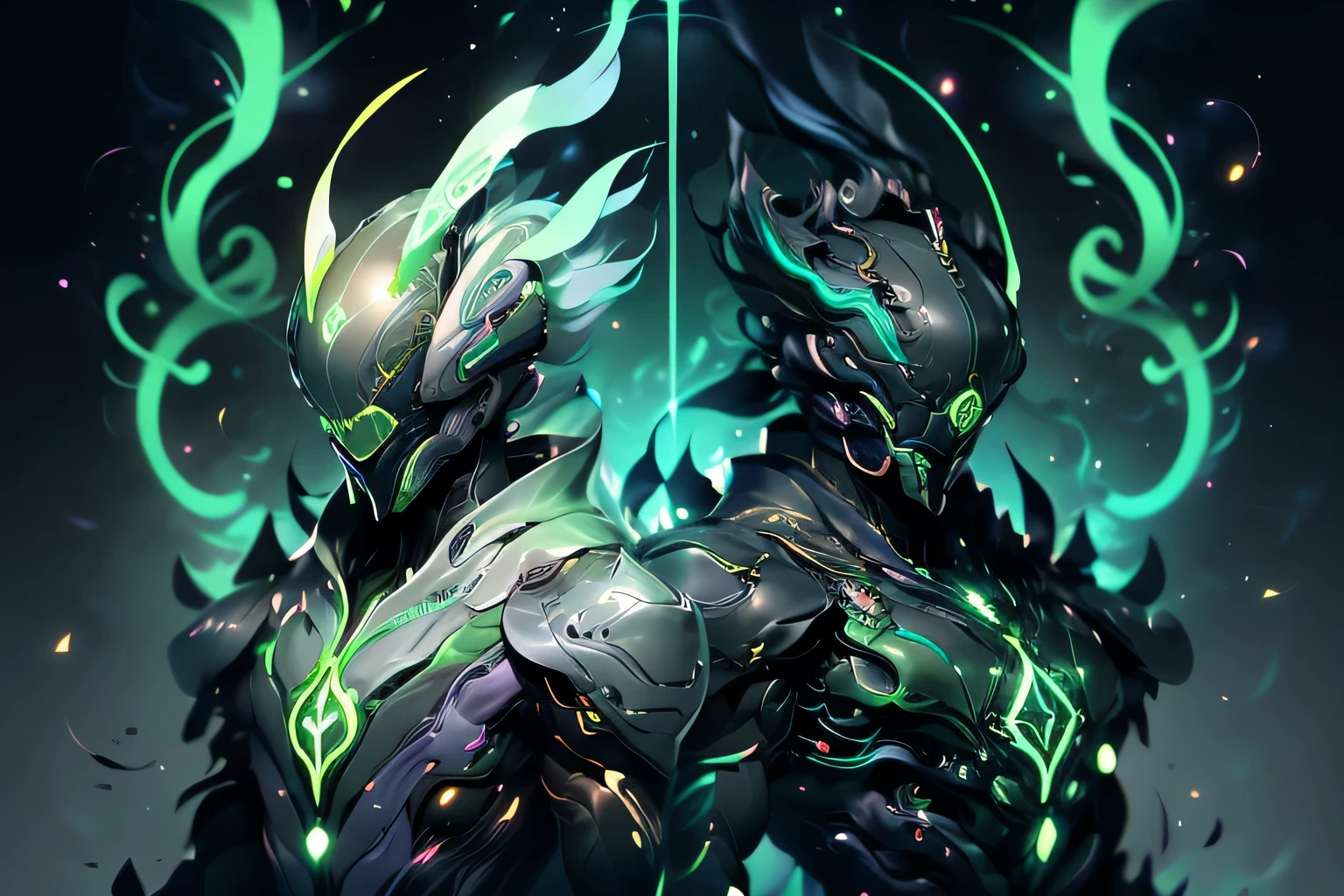 Beautifully detailed images,Depicts two people, Radiate magical energy. Shiny and sharp blade,Green light, Bends and twists when reaching from one hand to the other, Create a mesmerizing, Light green flames rotate ethereal trajectory. The surrounding rooms are bathed in green light, Dark green light. Macro lens, Prime Time, Soft lighting