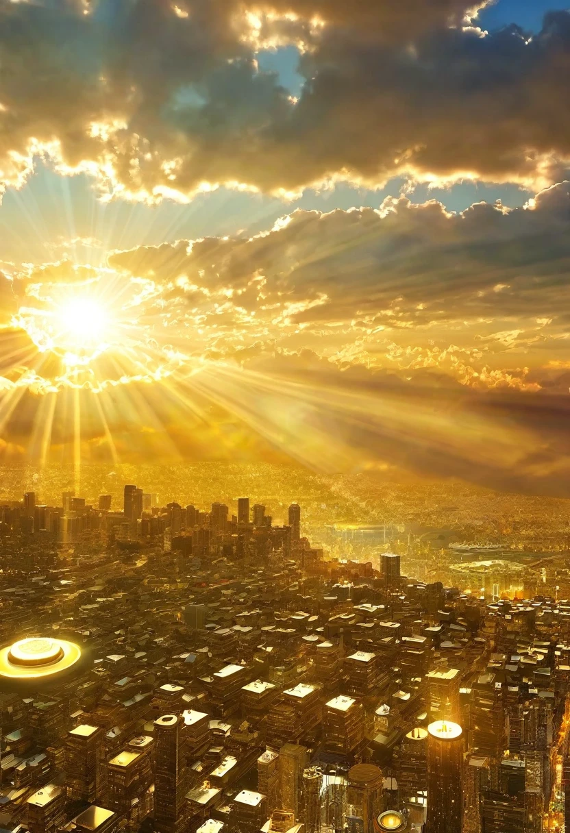 空に向かって上昇するgod秘的な都市、Digital Art, The clouds clear and the shining sun appears, Ascension Day,Golden Sun、Sky City、god々Utopian、There is one relic。空中に浮かぶgod々Our Town、Angel Ladder、The city where golden cats live