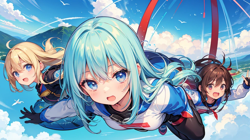 Highest quality、High resolution、Detailed Background、(Beautiful face in every detail:1.4)、Anatomically correct、(Detailed facial expressions)、(Detailed eyes:1.2)、Teenage beauty、(Highly detailed face:1.4)、Huge breasts、Perfect body line、Light color hair、Cute hairstyle、well-groomed eyebrows、Super height、A big smile、
(Super heightでスリリングなアクティビティを楽しんで興奮している4人の少女:1.5)、
Extremely excited、Ultra high tension、
I'm very excited the moment an airplane door is opened and I'm thrown into the air、
The strength of the wind and the sense of altitude The feeling of free fall you experience for the first time heightens the excitement、
The free fall from jumping off an airplane until the parachute opens is thrilling and excited-boosting、
You can test your own limits and courage while feeling the feeling of falling at a high speed and changes in the surrounding scenery、
The moment the parachute opens after completely turning from free fall, the speed decreases all at once and it shifts to a quiet atmosphere、this moment is a mixture of excitement and relief、
After the parachute opens, you can enjoy the feeling of slowly flying through the air、
The feeling of floating in the wind and taking a walk in the air while admiring the beautiful scenery also heightens the excitement、
The last step in skydiving is the moment you land safely on the ground、
You can enjoy the excitement by using a parachute to glide and timing your landing、
The skydiving experience will give you the excitement and excitement you'll never forget、
A group that skydives with friends and friends coexists with cuteness and fun、
The sight of everyone jumping into the air together is so colorful and cute、
You can also choose cute characters and colorful patterns to design your parachute、You can enjoy loveliness and excitement at the same time as the sight of big cute characters and patterns spreading in the air、
Skydiving is a thrilling and adventurous activity, but don't forget to incorporate smiles and cuteness、
Pair a sporty top with colorful shorts、
Choose bright colors or patterns for tops、
A freestyle jumpsuit is the perfect item for skydiving、
You can show off your cuteness by choosing a design with a colorful pattern or embroidery、
Pair an oversized t-shirt with colorful leggings、
Choose T-shirts with cute characters or logos printed on them、
Choose sporty sneakers that are comfortable to wear、
It's stylish and cute when you incorporate accessories such as caps and sunglasses、
Don't forget to choose the right equipment to ensure ease of movement and safety