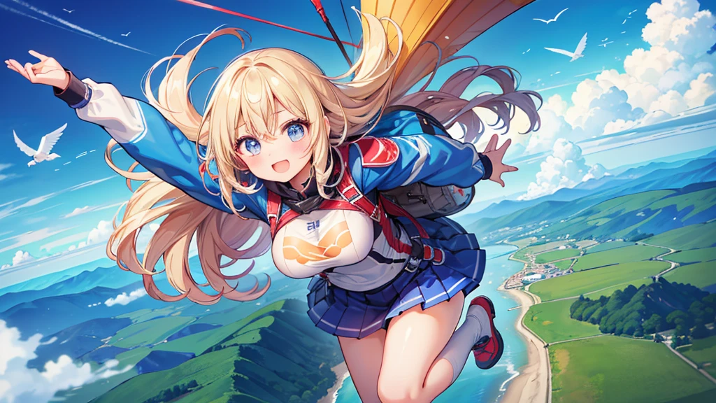 Highest quality、High resolution、Detailed Background、(Beautiful face in every detail:1.4)、Anatomically correct、(Detailed facial expressions)、(Detailed eyes:1.2)、age beauty、(Highly detailed face:1.4)、Huge breasts、Perfect body line、Light color hair、Cute hairstyle、well-groomed eyebrows、Super height、A big smile、

(Super heightでスリリングなアクティビティを楽しんで興奮している4人の少女:1.5)、

Extremely excited、Ultra high tension、
I'm very excited the moment an airplane door is opened and I'm thrown into the air、
The strength of the wind and the sense of altitude The feeling of free fall you experience for the first time heightens the excitement、
The free fall from jumping off an airplane until the parachute opens is thrilling and excited-boosting、
You can test your own limits and courage while feeling the feeling of falling at a high speed and changes in the surrounding scenery、
The moment the parachute opens after completely turning from free fall, the speed decreases all at once and it shifts to a quiet atmosphere、this moment is a mixture of excitement and relief、
After the parachute opens, you can enjoy the feeling of slowly flying through the air、
The feeling of floating in the wind and taking a walk in the air while admiring the beautiful scenery also heightens the excitement、
The last step in skydiving is the moment you land safely on the ground、
You can enjoy the excitement by using a parachute to glide and timing your landing、
The skydiving experience will give you the excitement and excitement you'll never forget、

A group that skydives with friends and friends coexists with cuteness and fun、
The sight of everyone jumping into the air together is so colorful and cute、
You can also choose cute characters and colorful patterns to design your parachute、You can enjoy loveliness and excitement at the same time as the sight of big cute characters and patterns spreading in the air、
Skydiving is a thrilling and adventurous activity, but don't forget to incorporate smiles and cuteness、

Pair a sporty top with colorful shorts、
Choose bright colors or patterns for tops、
A freestyle jumpsuit is the perfect item for skydiving、
You can show off your cuteness by choosing a design with a colorful pattern or embroidery、
Pair an oversized t-shirt with colorful leggings、
Choose T-shirts with cute characters or logos printed on them、
Choose sporty sneakers that are comfortable to wear、
It's stylish and cute when you incorporate accessories such as caps and sunglasses、
Don't forget to choose the right equipment to ensure ease of movement and safety