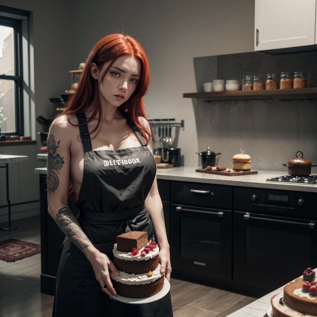 a woman with tattoo, (([red|black] hair)), long hair, wearing a black apron,  cooking, look at viewer, kitchen, cake and pie on background,  indoors, (soothing tones:1.0), (hdr:1.25), (artstation:1.2), dramatic, (intricate details:1.14), (hyperrealistic 3d render:1.16), (filmic:0.55), (rutkowski:1.1), (faded:1.3), (Gigantic breast:1.6), (better hands, better arm)