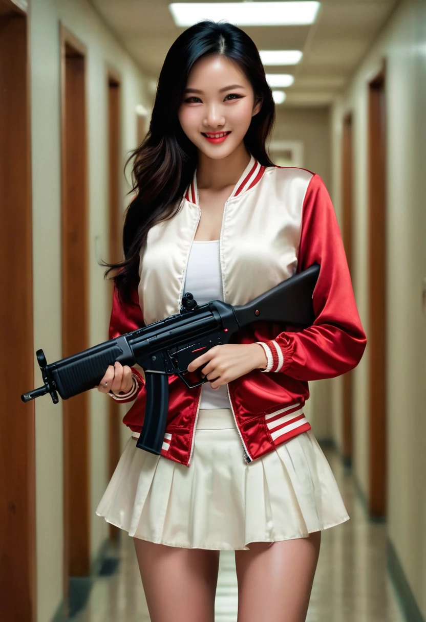 Half body photo, 1 beautiful Asian girl; coy smile, red and white satin bomber jacket; holding a full size MP5 gun in in her hands, m16 rifle black satin skirt,, long hair,wearing jewelry, natural makeup, extremely detailed eyes and face, lovely smile, delicate blush, sensuous lips, intricate facial details, perfect skin, flawless skin texture perfect, ; standing in a long hallway with many doors, evening lighting, vivid colors, , subtle , dreamy, luxurious atmosphere, low lighting; Super high quality, surreal, 8K, high resolution, masterpiece, detailed, extremely magical, professional cinematic lighting, , vibrant colors; Fine brushstrokes,ethereal vibe,mesmerizing gaze,dreamy atmosphere,blending elegance,subtle color gradients,,understated beauty. In the background several men lay unconscious on the hallway floor