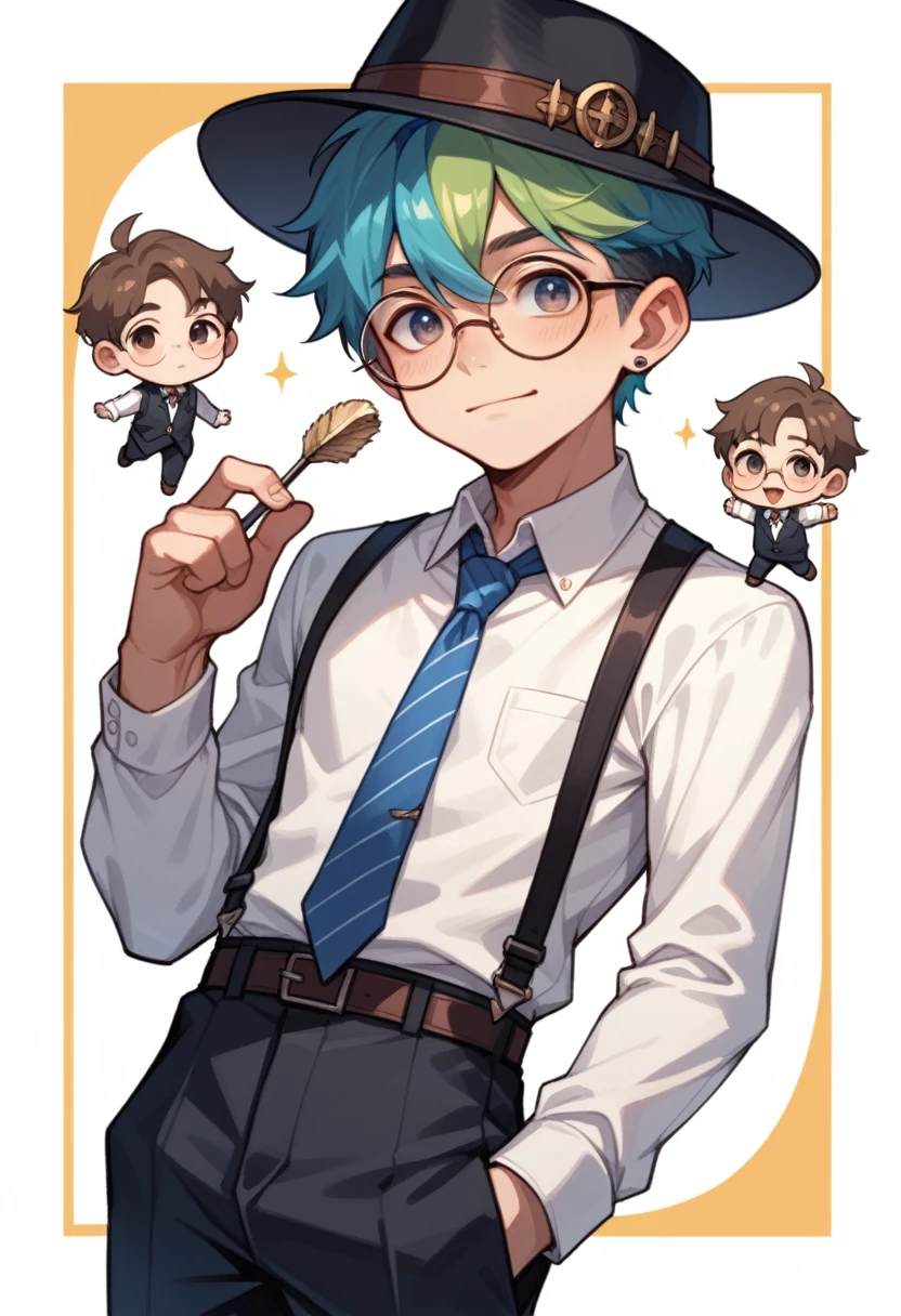 score_9, score_8_up, score_7_up, 1 boy, young boy, sexy boy, chibi, boy, sexy, erótic, colored hair, business clothes, hat, round glasses.