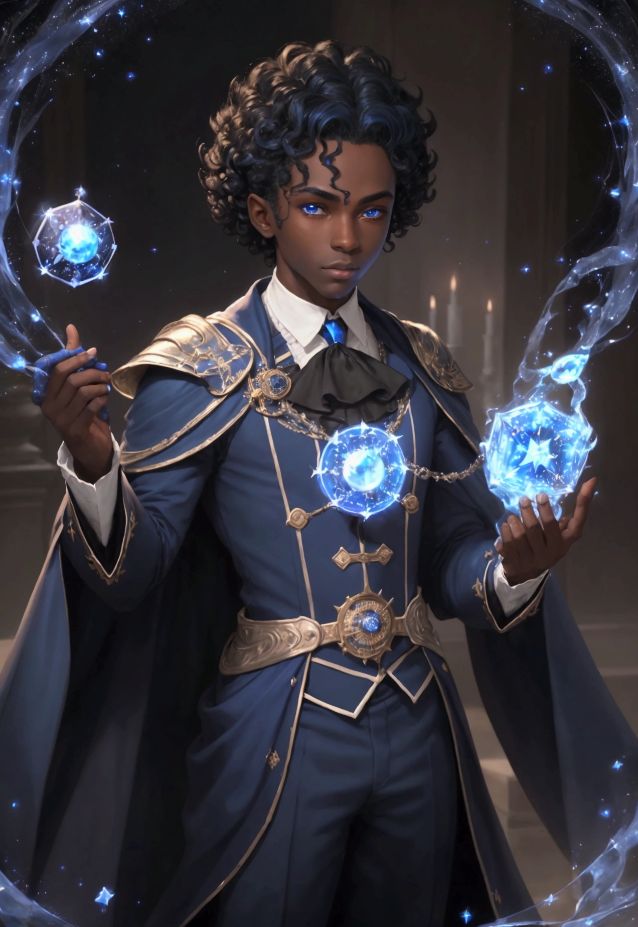 ((best qualityer)), ((work of art)), (detailded), 1 boy, darkskin, black curls, magician, Mediovale, chapéu de magician azul, starry outfit, magie, magician, sorcerer, bonitas, blue and white outfit, RPG, blue colored eyes, magical atmosphere