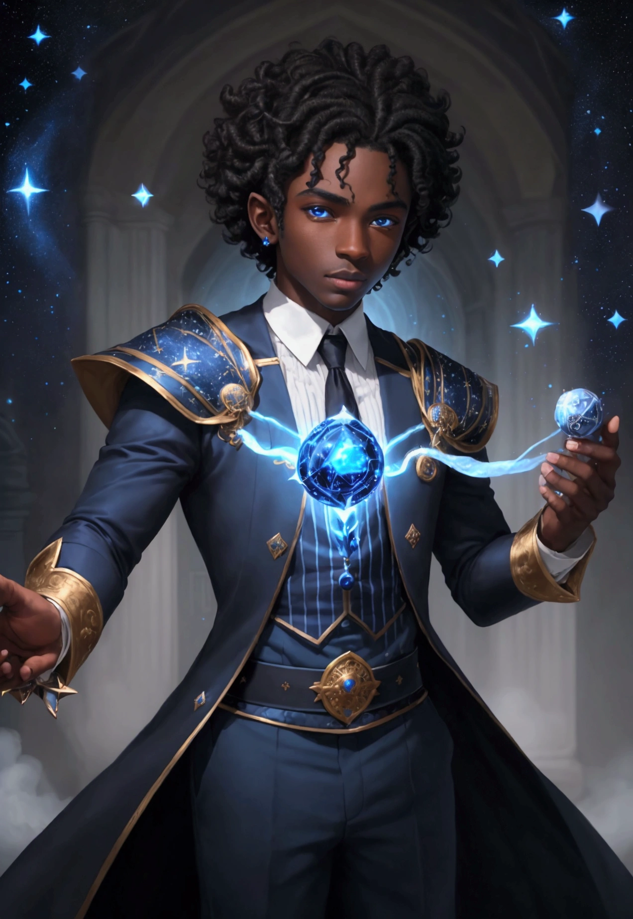 ((best qualityer)), ((work of art)), (detailded), 1 boy, darkskin, black curls, magician, Mediovale, Blue hood, starry outfit, magie, magician, sorcerer, bonitas, blue and white outfit, RPG