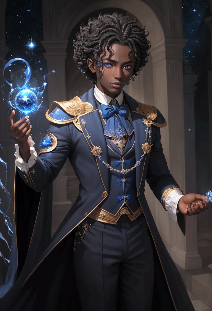 ((best qualityer)), ((work of art)), (detailded), 1 boy, darkskin, black curls, magician, Mediovale, chapéu de magician azul, starry outfit, magie, magician, sorcerer, bonitas, blue and white outfit, RPG, blue colored eyes, magical atmosphere