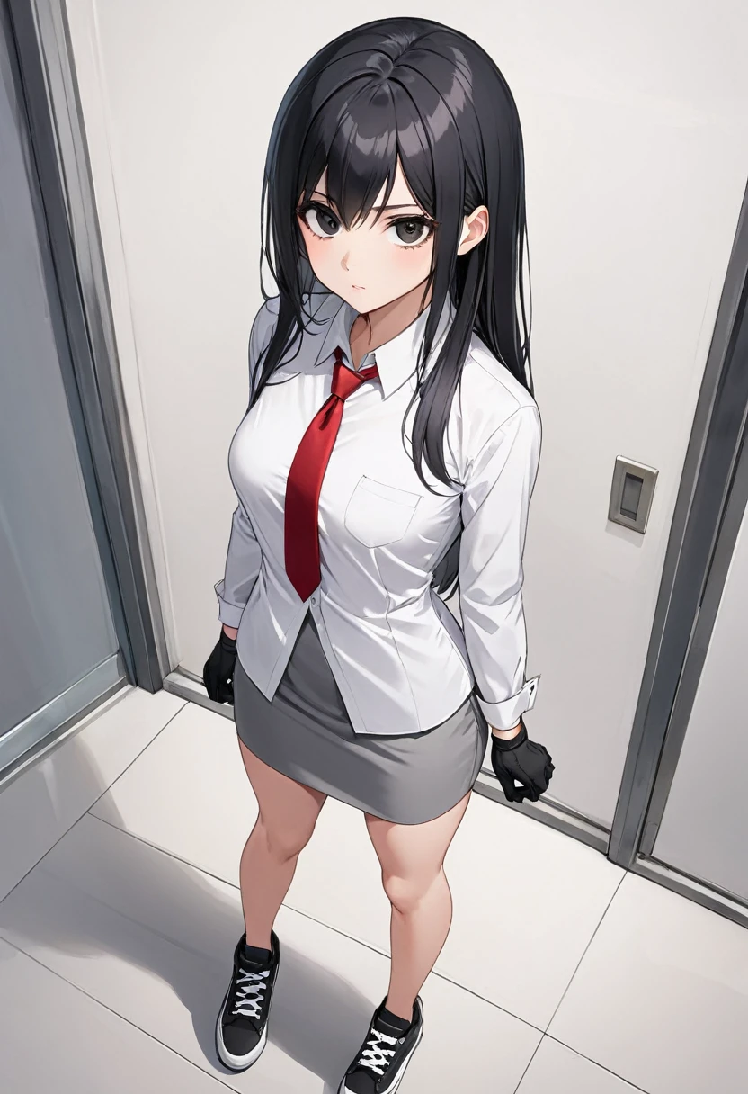 gray miniskirt , Black sneakers , white dress shirt , Gray pencil skirt , whole body , thighs , black hair , black eyes , straight hair , long sleeves , bare legs , View from above , Black gloves ,  , red tie , standing posture