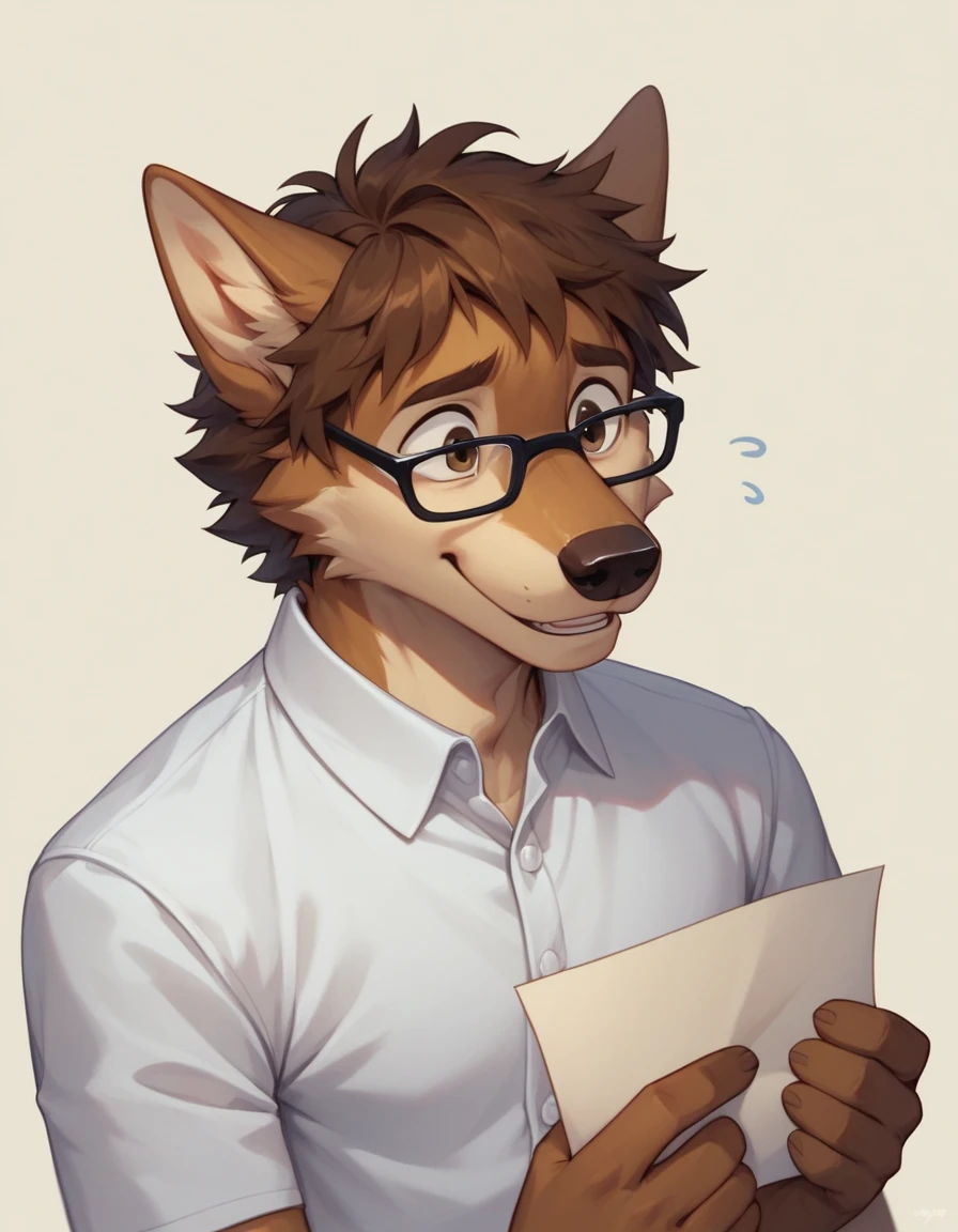 score_9,score_8_up,score_7_up, 2d art, an Anthro furry male wolf, adult male,  brown eyes, brown shaggy hair, black glasses, wearing white button up shirt, he looks nervous, upper body shot, mouth closed, holding up a piece of blank paper with his hands, smiling nervously 