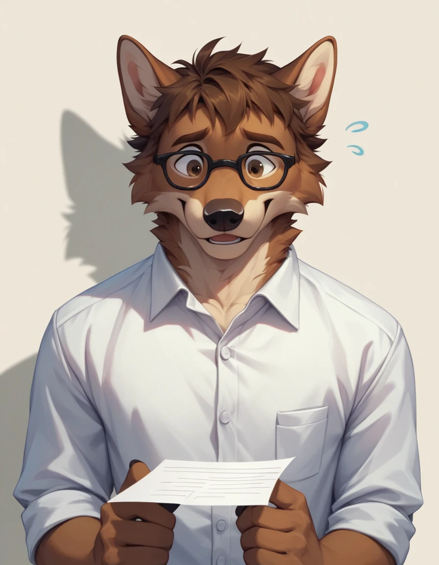 score_9,score_8_up,score_7_up, 2d art, an Anthro furry male wolf, adult male, brown eyes, brown shaggy hair, black glasses, wearing white button up shirt, he looks nervous, upper body shot, mouth closed, holding up a piece of blank paper with his hands, smiling nervously