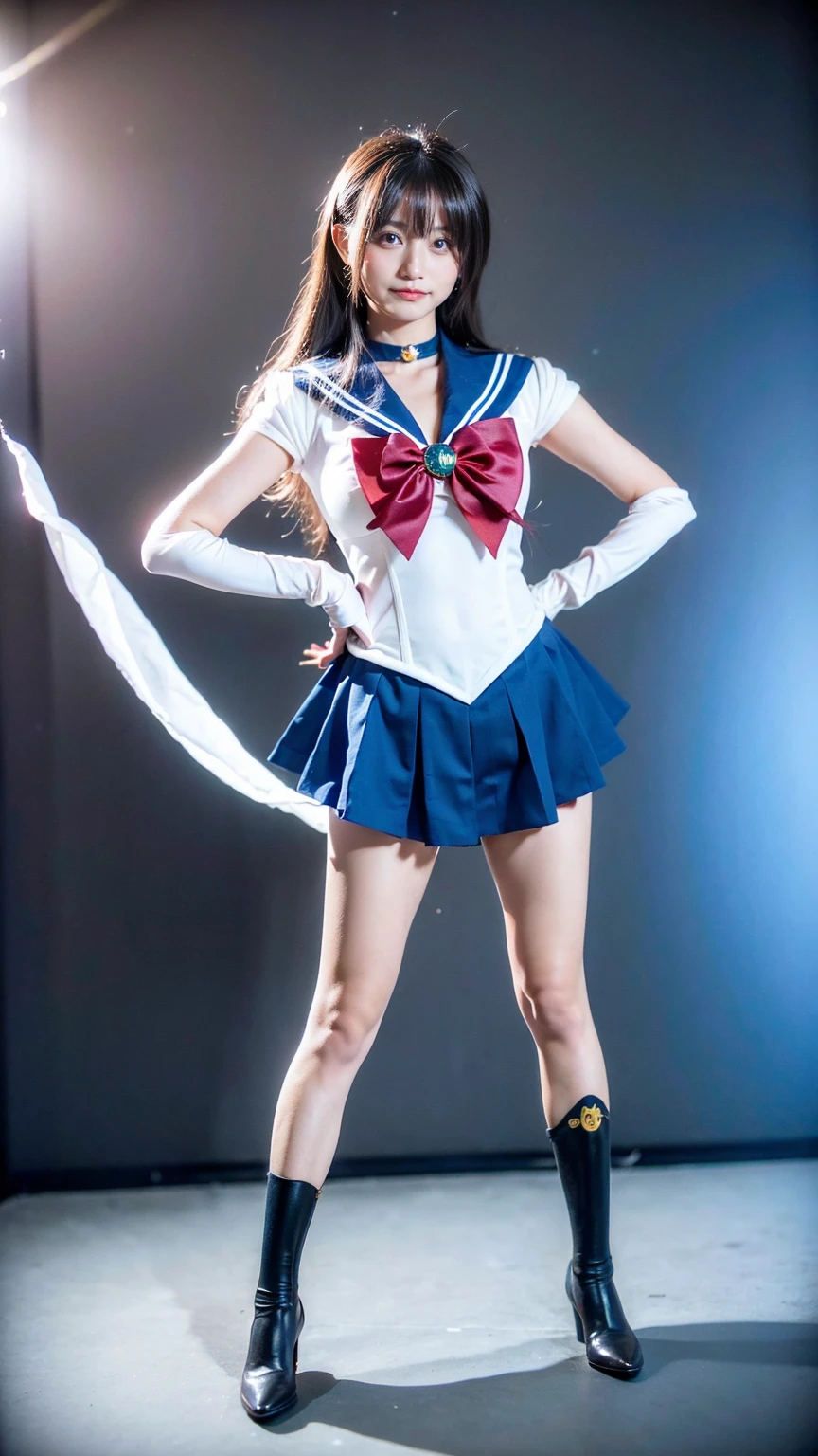 (8K、RAW Photos、Highest quality、masterpiece:1.2)、(Realistic、Realistic)、1 Girl、((Sailor Moon Costume:1.2、Thin legs、whole body、View from the front、smile、Looking into the camera、Stand with hands on hips))、cute