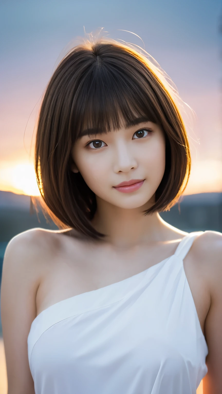 masterpiece, best quality, ultra high res, ultra detailed, sharp focus, 1girl, 独奏, a stunning pretty and beautiful Japanese sexy model, looking at viewer:1.3, (bright smile:0.6), dusk, sunset, night, realistic, slender, (standing:1.1), (looking at the viewer:1.3), sexy gaze, blush, asymmetrical bangs, light brown hair, ((************、Large breasts、naked:1.2、Super Short Hair:1.7、Narrow waist、Nipples are visible、Nipples are erect、sexy))