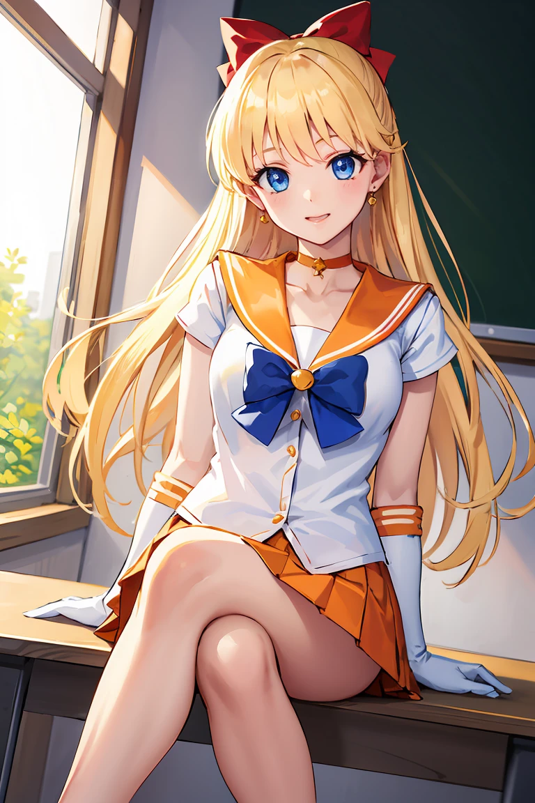 masterpiece, Highest quality, High resolution, Venus 1, One girl, alone, Sailor Warrior Uniforms, Sailor Venus, aino minako, Blonde, Magical girl, blue eyes, Orange Skirt, Elbow hand pockets, tiara, Pleated skirt, Hair Ribbon, Orange sailor collar, mini skirt, choker, Red Bow, orange choker, White gloves, Very long hair, jewelry, Earrings, Sitting, Crossing your legs,The background is a school classroom,smile、