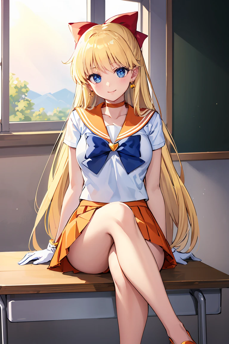 masterpiece, Highest quality, High resolution, Venus 1, One girl, alone, Sailor Warrior Uniforms, Sailor Venus, aino minako, Blonde, Magical girl, blue eyes, Orange Skirt, Elbow hand pockets, tiara, Pleated skirt, Hair Ribbon, Orange sailor collar, mini skirt, choker, Red Bow, orange choker, White gloves, Very long hair, jewelry, Earrings, Sitting, Crossing your legs,The background is a school classroom,smile、