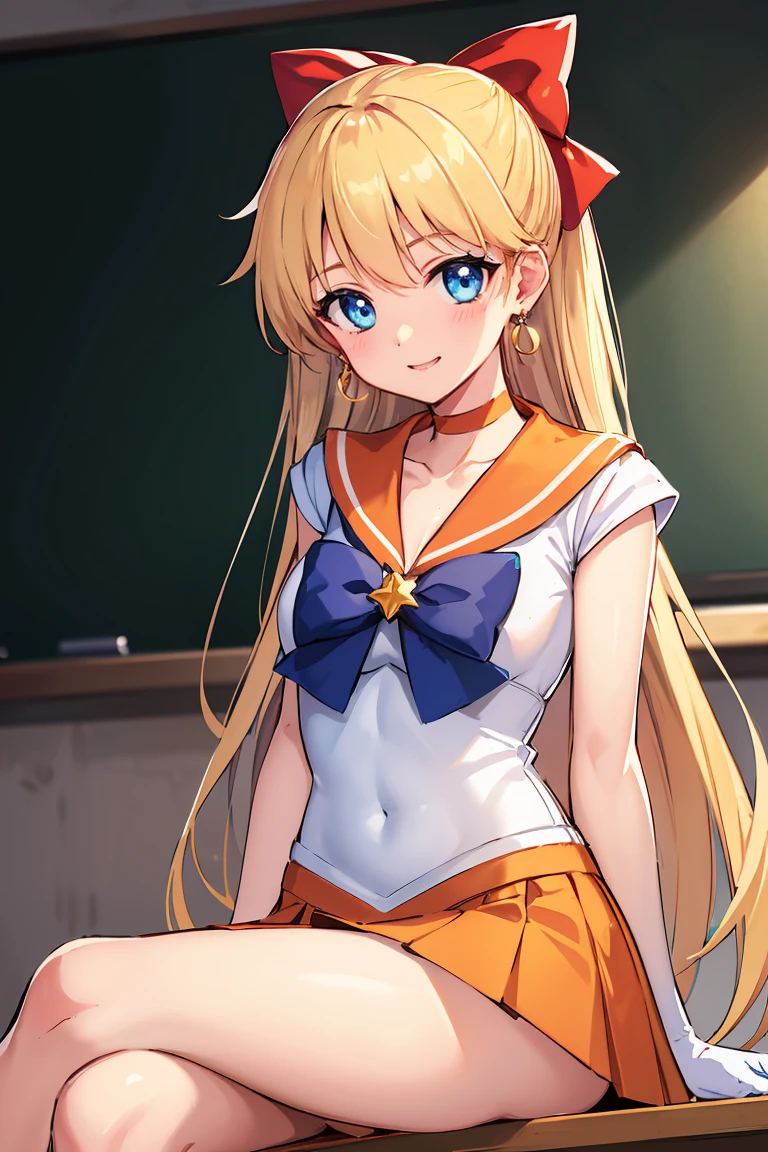masterpiece, Highest quality, High resolution, Venus 1, One girl, alone, Sailor Warrior Uniforms, Sailor Venus, aino minako, Blonde, Magical girl, blue eyes, Orange Skirt, Elbow hand pockets, tiara, Pleated skirt, Hair Ribbon, Orange sailor collar, mini skirt, choker, Red Bow, orange choker, White gloves, Very long hair, jewelry, Earrings, Sitting, Crossing your legs,The background is a school classroom,smile、