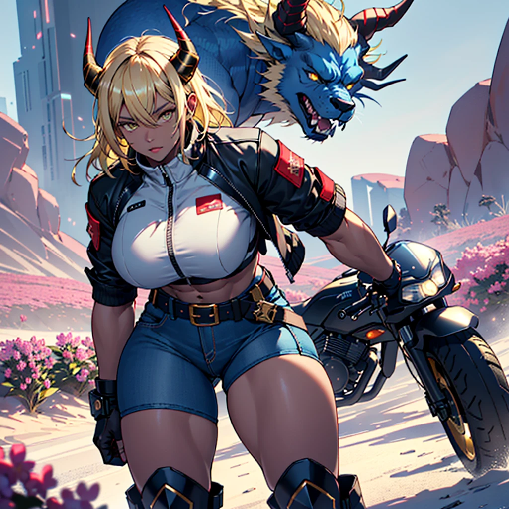 ((best quality)), ((masterpiece)), (detailed), 1girl, 8k_wallpaper, extremely detailed eyes, extremely detailed body, beautiful face, perfect face, detailed ((blonde hair)), (gold eyes), ((large big red and blue horns)), {{dark skin}}, ({dark skinned female}), gigantic breasts, thick thighs, strong arm and leg muscles, strong abdominal muscles, Monster women, Korean women, wearing a modern short black cloth jacket with rolled up sleeves, (wearing heavy gold colored steel cyberpunk armor), a wide red leather belt with blue steel yarn, steel boots, steel thigh guards, a military radio hangs on her belt, a biker girl, she rides on another planet along a lilac field against the backdrop of a blue desert and high red mountains,