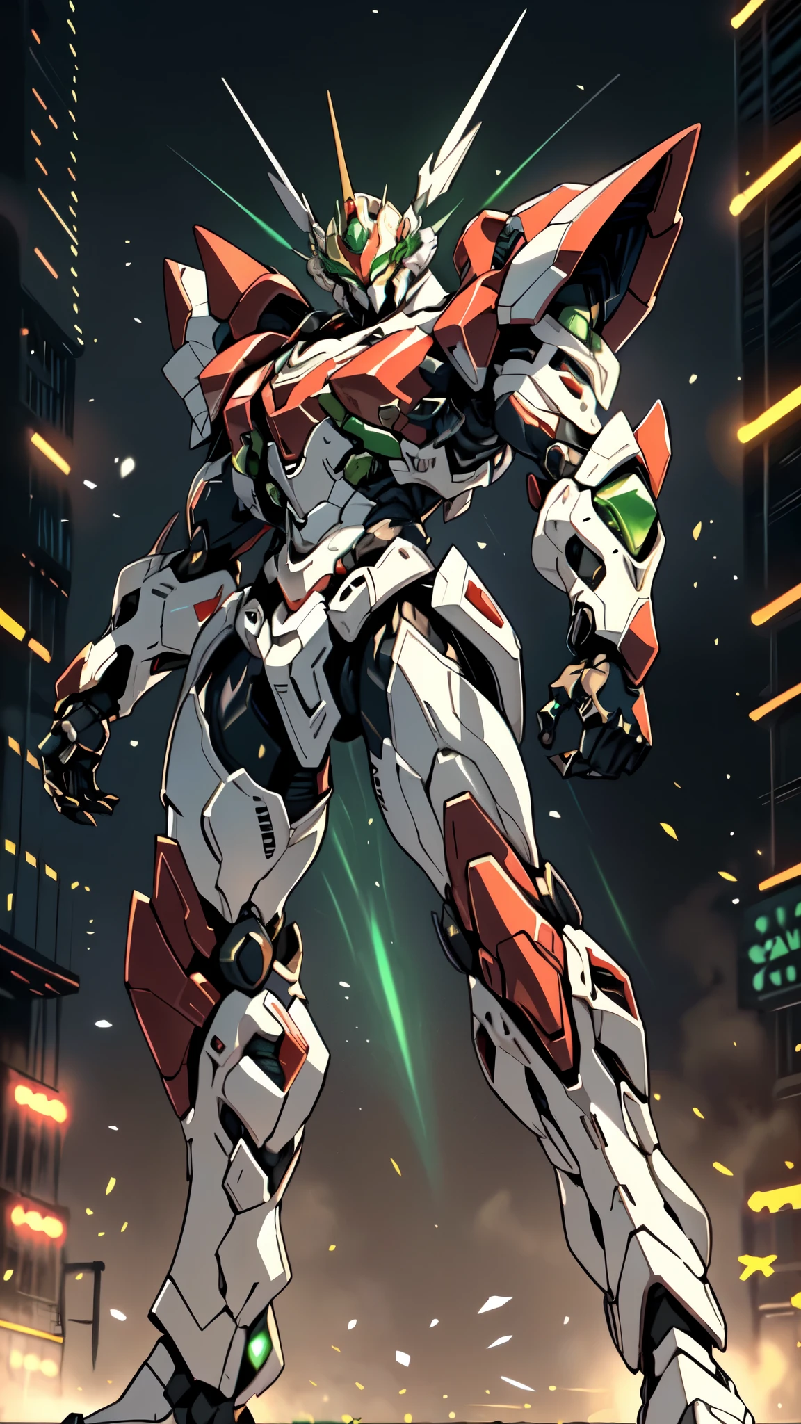 (masterpiece:1.5, best quality:1.5, extremely delicate:1.5, foreshortening:1.5, dynamic angle:1.5), a man wearing a full-face helmet, a fantasy-style biotech armored combat suit, green eyes, (a composite layered chest armor), fully enclosed shoulder guards, matching arm and leg guards, belt of Neon circuit, (the color scheme is primarily white with red green accents), the design balances heavy with agility, a high-tech bio-mecha armor, (Armor Concept Inspired by neon Cyberpunk, stand on the top of a skyscraper in a futuristic sci-fi city), this character embodies a finely crafted fantasy-surreal style armored hero in anime style, exquisite and mature manga art style, (element, plasma, energy, the armor glows), ((male:1.5)), metallic, high definition, highres, ultra-detailed, ultra-fine painting, professional, perfect body proportions, golden ratio, anatomically correct, symmetrical face, extremely detailed eyes and face, high quality eyes, creativity, RAW photo, UHD, 32k, Natural light, cinematic lighting, masterpiece-anatomy-perfect
