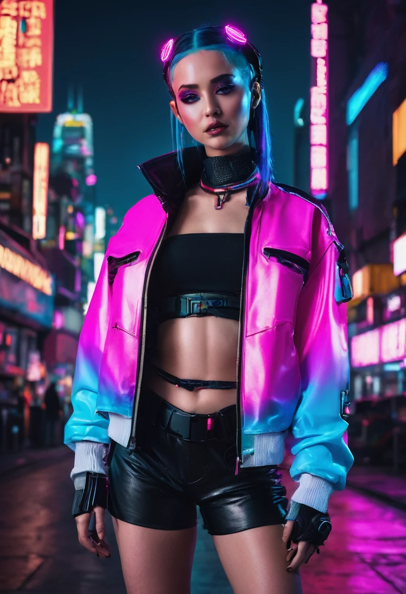 The image depicts a person with a striking cyberpunk-inspired look. The individual has a short, dyed hair style with vibrant shades of pink and blue, and their makeup is equally bold, featuring neon accents that complement the hair colors. They are wearing a black leather jacket adorned with neon pink and blue accents, giving it a futuristic, high-tech appearance. The jacket has a distinctive design with what appears to be a camera or sensor integrated into the chest area, adding to the cybernetic aesthetic.
The person is also wearing a black top with a similar neon design, and the overall outfit is completed with what seems to be a black choker necklace. The background is a cityscape at night, illuminated by neon lights, which enhances the cyberpunk theme of the image. The lighting and color grading contribute to a moody and atmospheric vibe, suggesting a setting that is both urban and otherworldly. The image is likely a creative concept or a promotional piece for a fashion or entertainment project that embraces the cyberpunk genre.