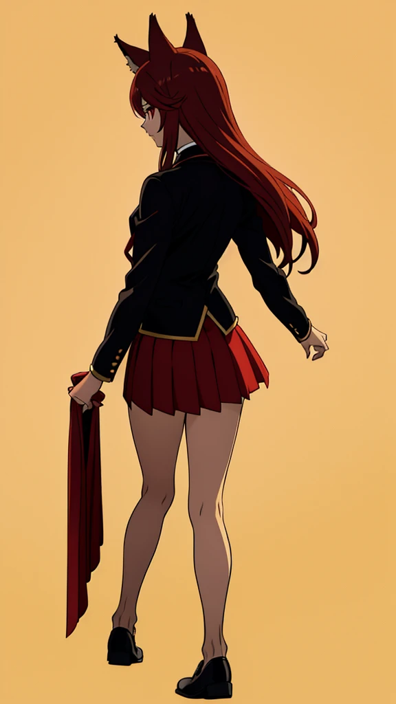 1girl ,20s,mature female,serious face,solo,red hair,red eyes,long hair,fox ears,hair between eyes,(simple background),necktie,black jacket, blazer,long sleeves,pleated skirt,full body,from back,(looking ay view),walking