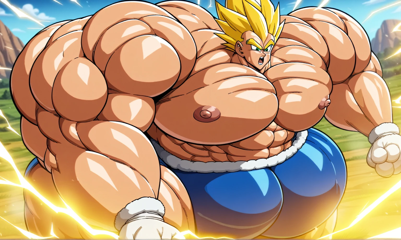 1boy, Vegeta, from Dragon Ball Z, masterpiece, best quality, very aesthetic, absurdres, saiyan, green eyes, spiked hair, (yellow hair:1.5),  shirtless, blue skintight pants, white gloves, (huge muscles:3), (muscular shoulders:3), (huge biceps:3), (huge forearms:3), (huge thighs:3) Dragonballartstyle, in the style of Akira Toriyama, outdoors, flat-top mountains, nipples, yellow aura, electricity