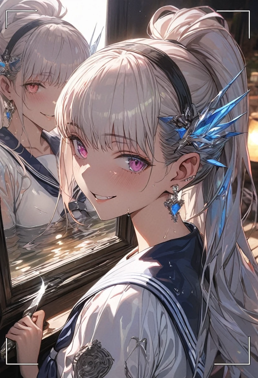 In the background is a garden filled with red roses, Silver Hair, Front Ponytail, Eye Reflexes, Red contact lenses, Pink Eyes,Heterochromia iridis， Put on earrings, blue crystal pendant，Wicked Smile, hair band，High detail, Romanticism, Depth of written boundary, Shine, Ray Tracing, Viewfinder, Zoom Layer, close, Bokeh, Anatomically correct, High details, 1080P, Ultra Hi-Vision
woman，High Ponytail，Sailor suit,Half a water，get wet，More on water patterns on clothes，The expression is solemn，Holding a knife，Detailed depiction of shiny blades，reflected light，
ゴージャスで繊細にShine小さな蝶の髪飾り，Vibrant colors，Detailed engraving，Shine brightly，Attention to detail，The jewelry is of high quality，Very high quality